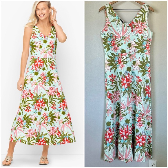 TALBOTS M V-Neck Sleeveless Jersey Maxi Dress • Soft Aqua Tropical Floral - Picture 1 of 9